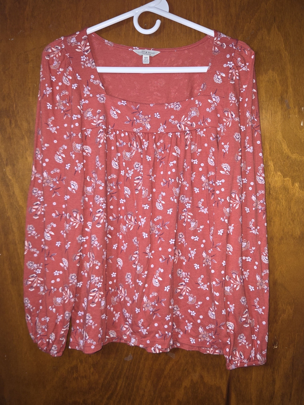 Lucky Brand Red Orange Floral Square Neck Peasant Blouse Size M
